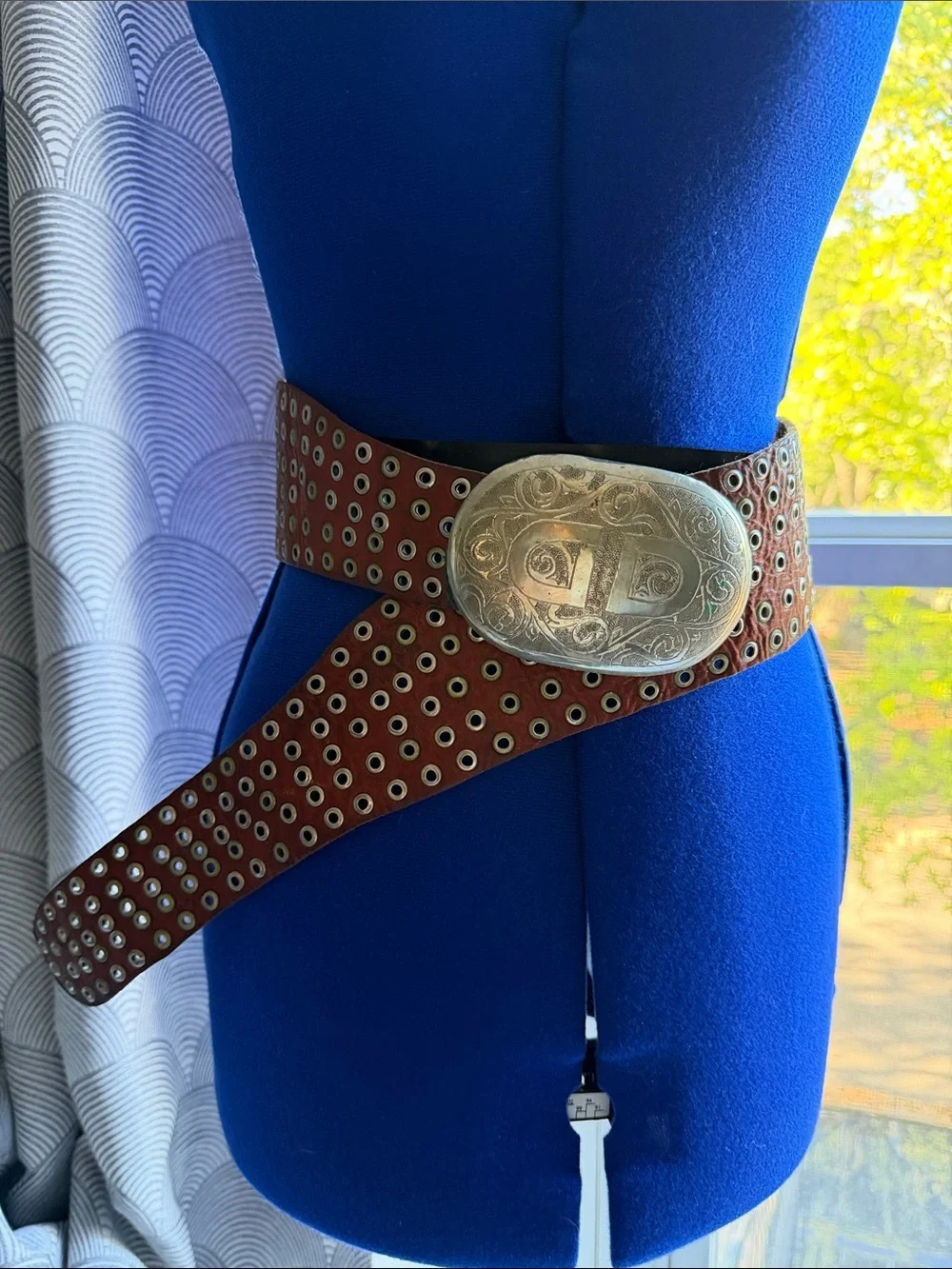 Brown Eyelet Leather Belt with Ornate Silver Buckle. - Picture 1 of 9